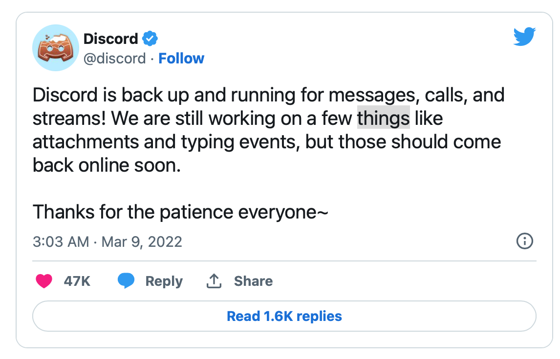 Bài Tweet xin lỗi của kênh liên lạc Discord