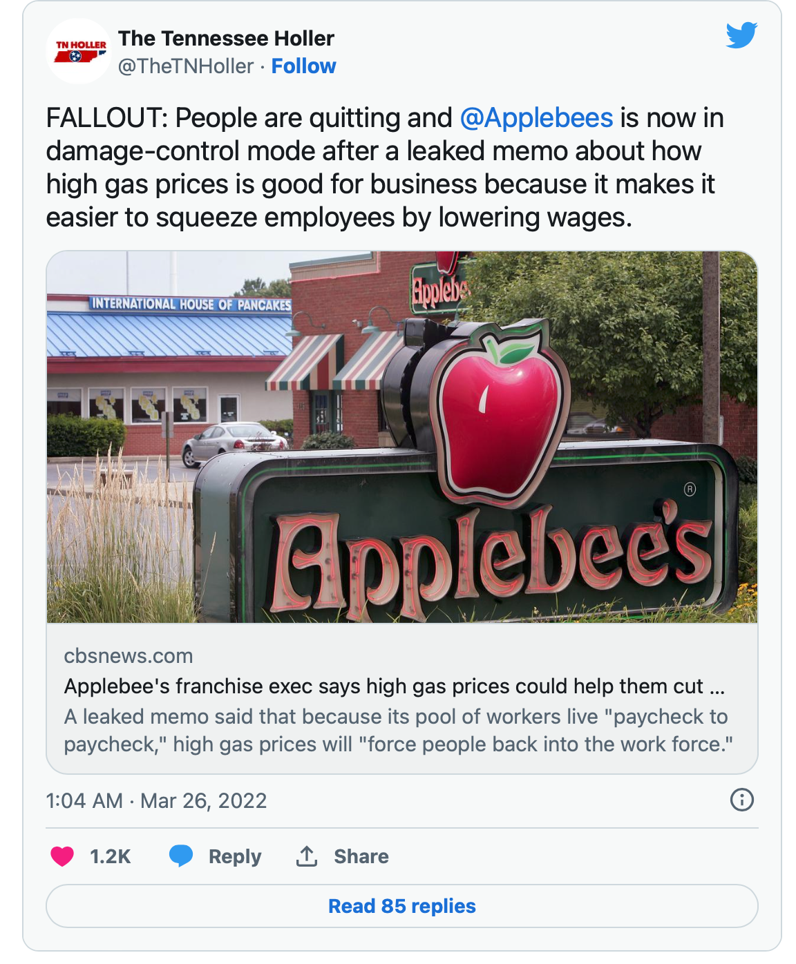 Bài Tweet về vụ việc của Applebee’s