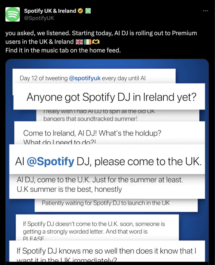 Spotify đã triển khai tính năng AI DJ cho người nghe ở Vương Quốc Anh và Ireland sau những bài đăng của khách hàng.